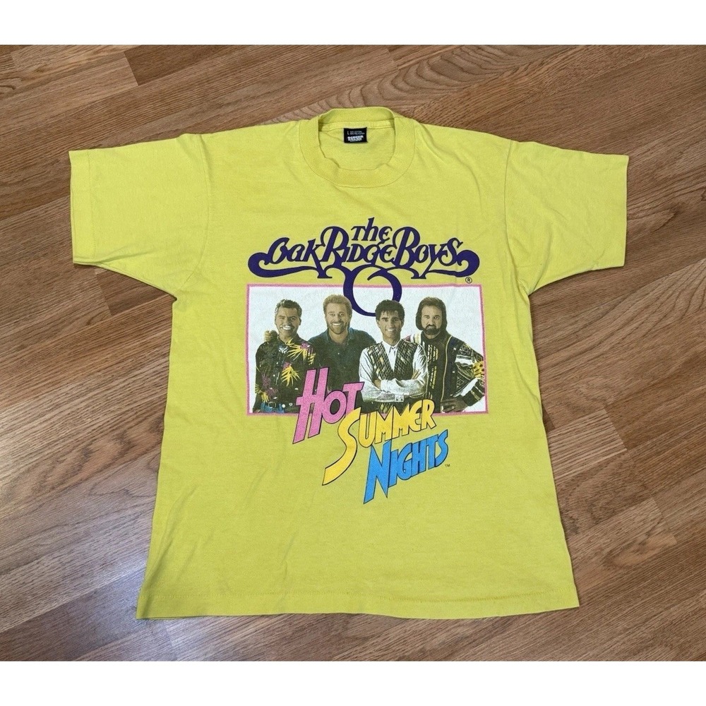 VTG Oak Ridge Boys Hot Summer Nights Tour T Shirt LG Yellow Band Tee USA Flaw